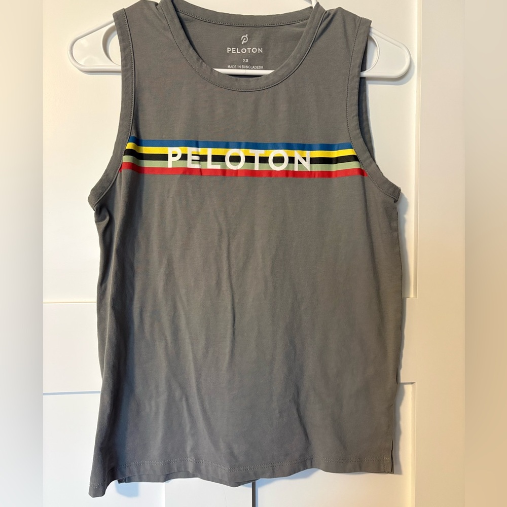 Peloton Gray Tank with Blue, Yellow, Black & Red Chest Stripes